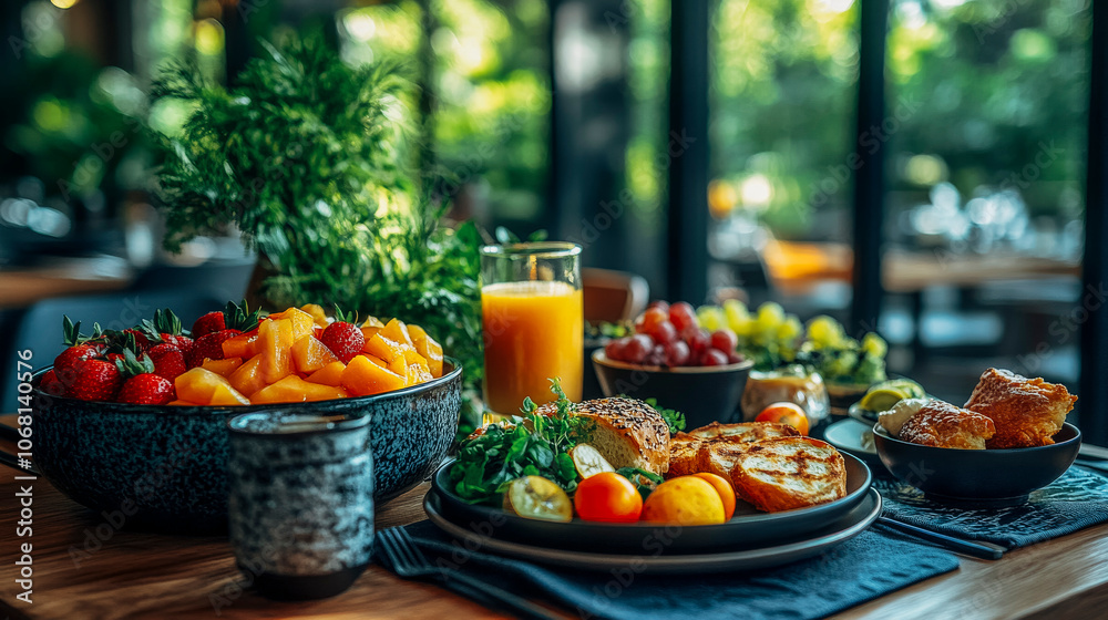 Fresh breakfast spread with fruit, orange juice, and pastries in sunlit dining room Fresh breakfast spread with fruit, orange juice, and pastries in sunlit dining room