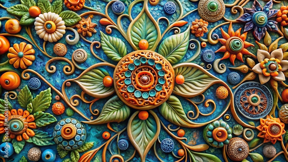 A Tapestry of Molded Blooms and Swirling Vines in a Vivid Palette of Orange, Teal, and Gold A Tapestry of Molded Blooms and Swirling Vines in a Vivid Palette of Orange, Teal, and Gold