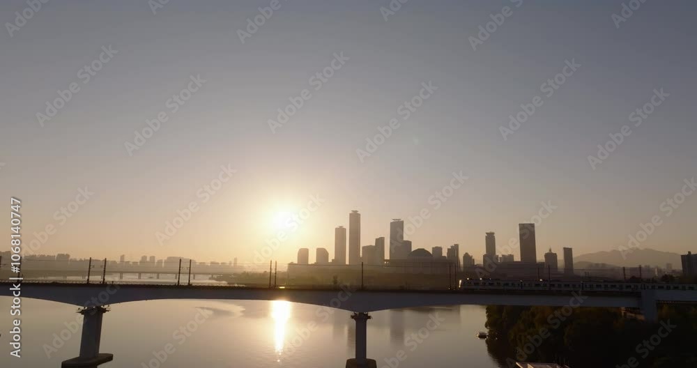 Sunrise Over Han River with Subway Crossing Dangsan Railway Bridge, Seoul Aerial View Sunrise Over Han River with Subway Crossing Dangsan Railway Bridge, Seoul Aerial View