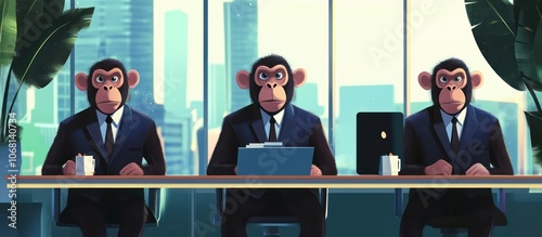 Three Chimpanzees in Suits at a Meeting