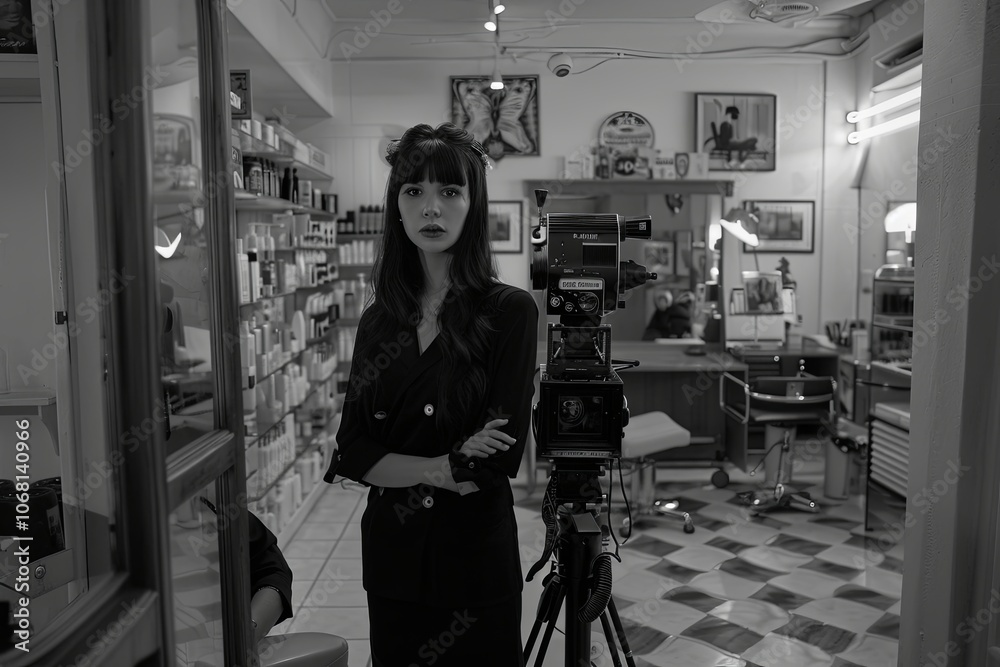 A woman is standing in front of the camera in her beauty salon. A woman is standing in front of the camera in her beauty salon.