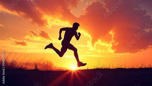 Silhouette of an athlete dynamically leaping or running against a colorful sunset, capturing energy and determination