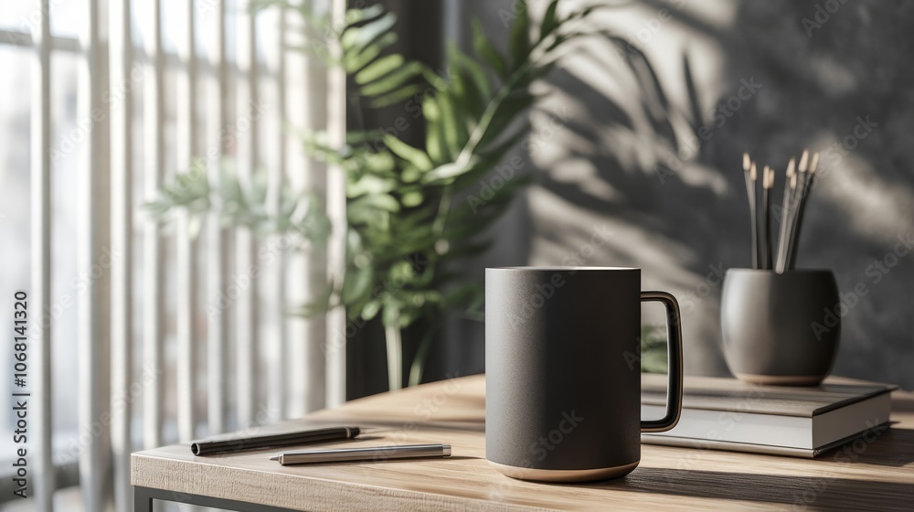 A modern workspace featuring a dark mug, notebooks, and a plant, bathed in soft light from a nearby window. A modern workspace featuring a dark mug, notebooks, and a plant, bathed in soft light from a nearby window.