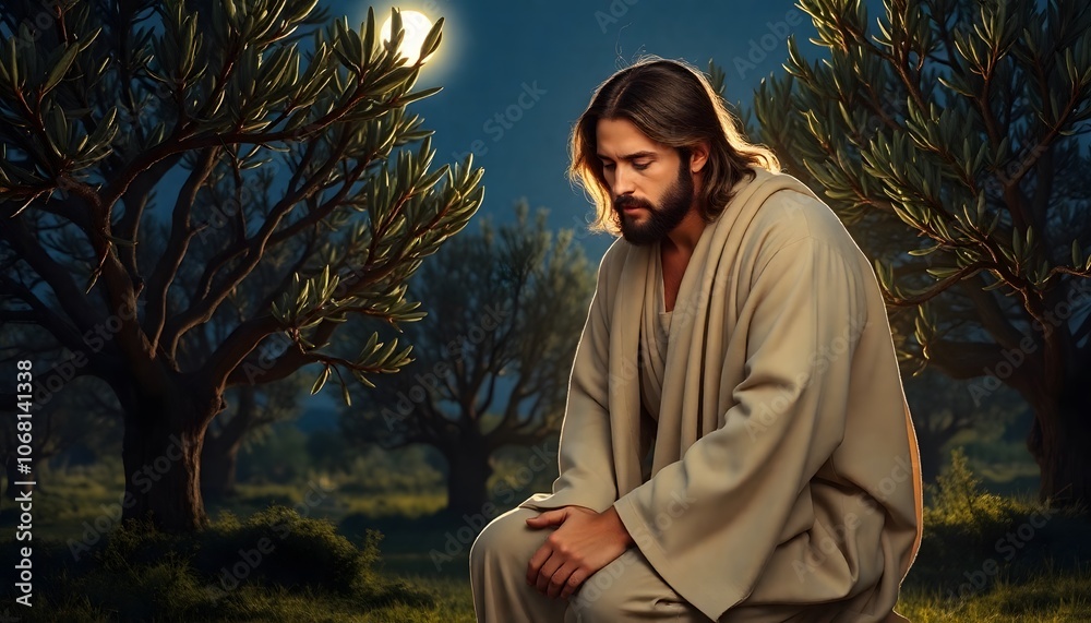 Fototapeta premium Jesus Christ Praying in the Garden of Gethsemane, Surrounded by Olive Trees and Bathed in Soft Moonlight, Seeking Divine Strength