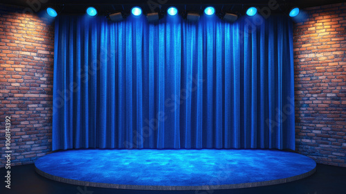 Small stage setup with blue curtains and modern brick wall, ideal for theater or stand-up comedy background