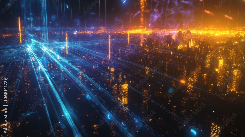 Fototapeta premium Stylized Cityscape with Glowing Connections and Lines