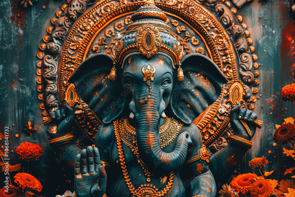 Fototapeta premium Majestic Lord Ganesha Idol Embellished with Golden Ornaments and Marigolds