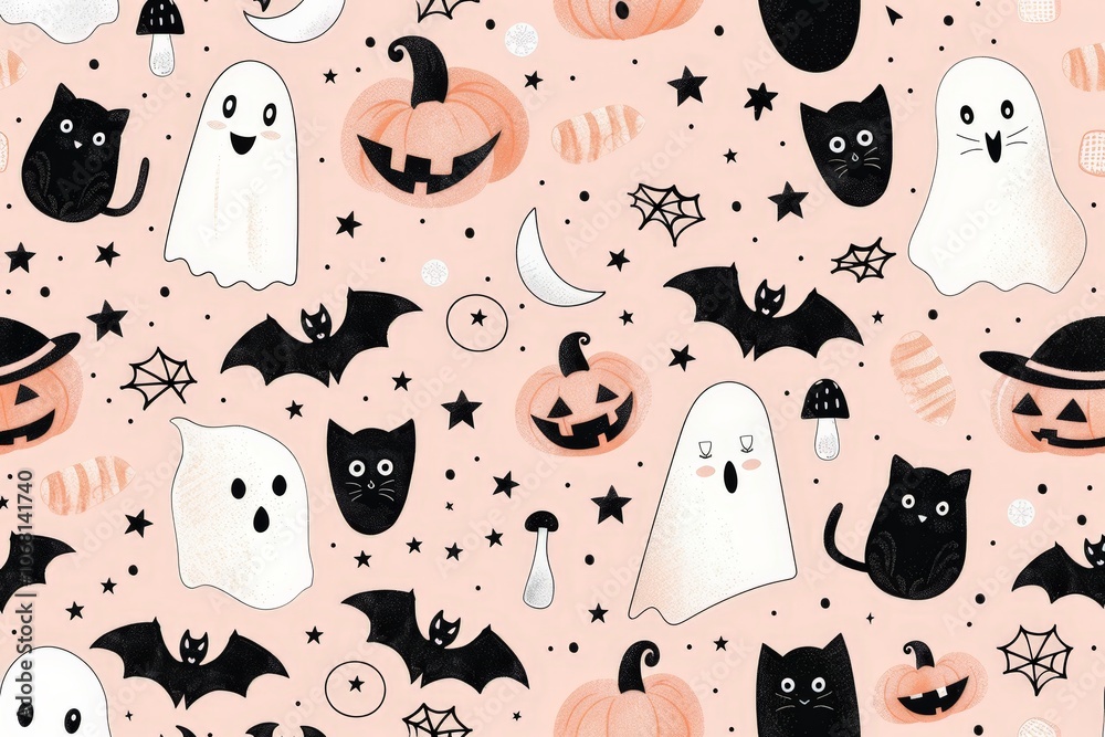 Cute Halloween Pattern with Ghosts, Pumpkins, and Bats