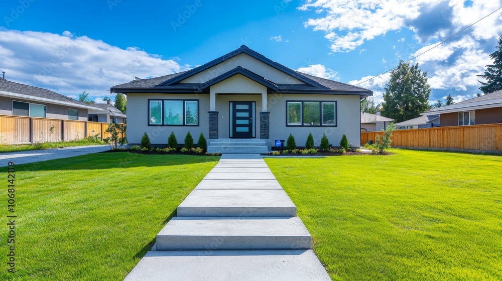 Nice and neat residential house with concrete pathway over the front yard on bright sunny day in british columbia Nice and neat residential house with concrete pathway over the front yard on bright sunny day in british columbia