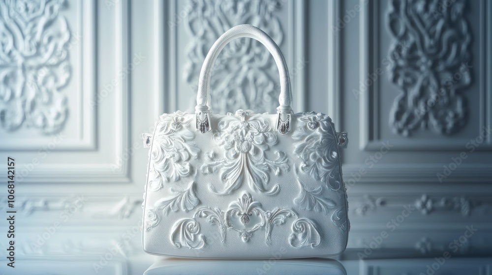 White luxury handbag with intricate details, modern art studio background, elegant lighting White luxury handbag with intricate details, modern art studio background, elegant lighting