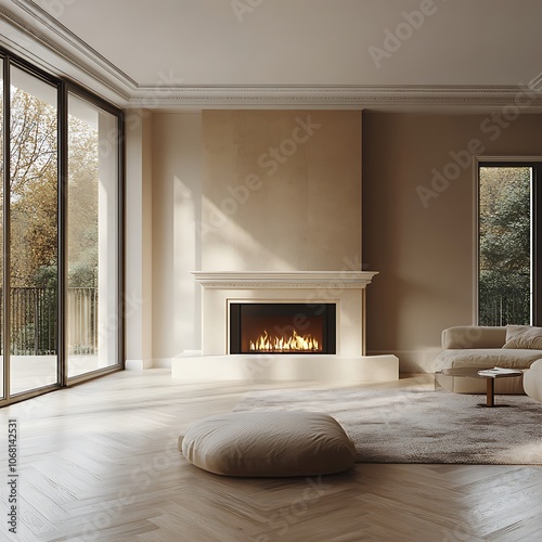  Beige home living room interior with fireplace, decoration and panoramic window 