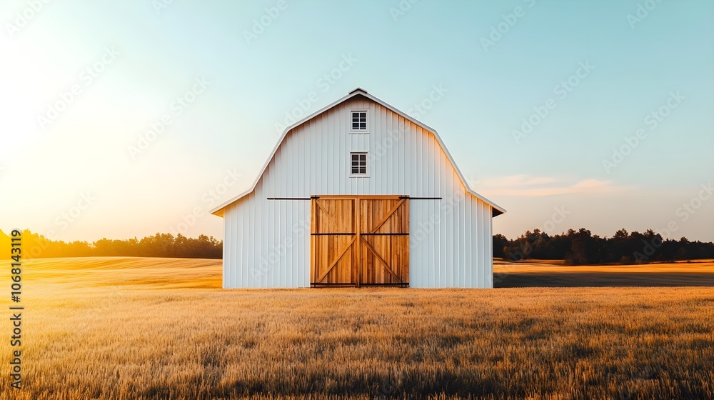 White Barn in Field at Sunset White Barn in Field at Sunset