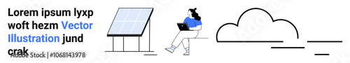 Solar panel setup, person working on laptop, and cloud icon. Ideal for technology, sustainability, remote work, renewable energy, cloud storage, modern lifestyle, and eco-friendly concepts. Landing