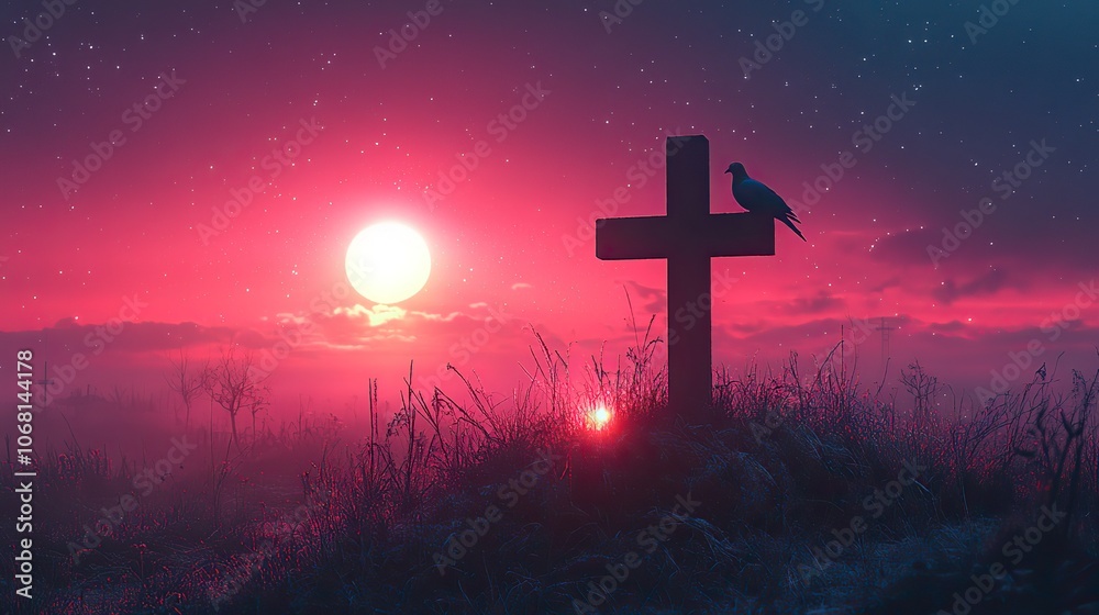 A cross with a pigeon on a hill at night represents Easter Sunday and Christian faith, perfect for religious banners and minimalist greeting cards. A cross with a pigeon on a hill at night represents Easter Sunday and Christian faith, perfect for religious banners and minimalist greeting cards.