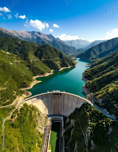 Imagen aérea de una presa hidráulica masiva construida en un valle rodeado de montañas y vegetación exuberante, con el agua tranquila y reflejando el cielo azul. photo