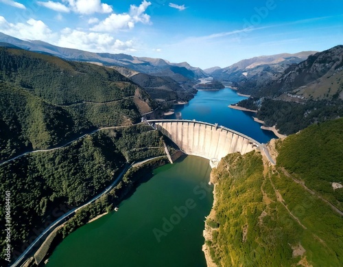 Imagen aérea de una presa hidráulica masiva construida en un valle rodeado de montañas y vegetación exuberante, con el agua tranquila y reflejando el cielo azul. photo