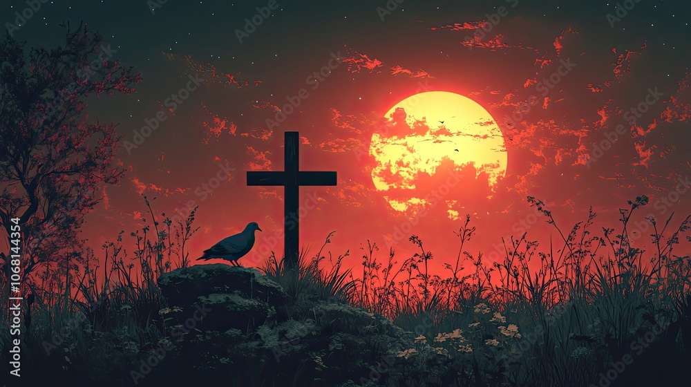 A cross with a pigeon on a hill at night represents Easter Sunday and resurrection, ideal for religious banners and minimalist card designs. A cross with a pigeon on a hill at night represents Easter Sunday and resurrection, ideal for religious banners and minimalist card designs.