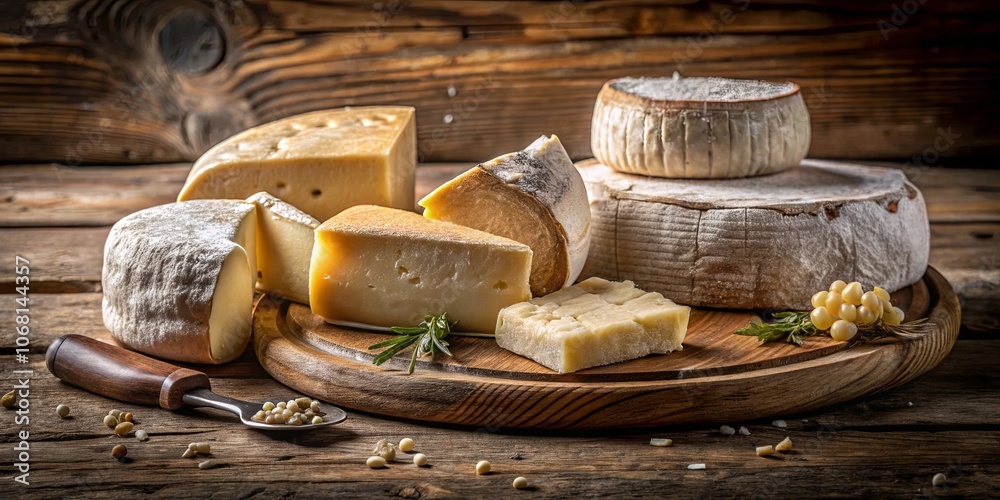 A Rustic Gathering of Creamy Delights An Array of Cheese Varieties Resting on a Wooden Board, Accompanied by Sprigs of Fresh Herbs and Scattered Nuts A Rustic Gathering of Creamy Delights An Array of Cheese Varieties Resting on a Wooden Board, Accompanied by Sprigs of Fresh Herbs and Scattered Nuts