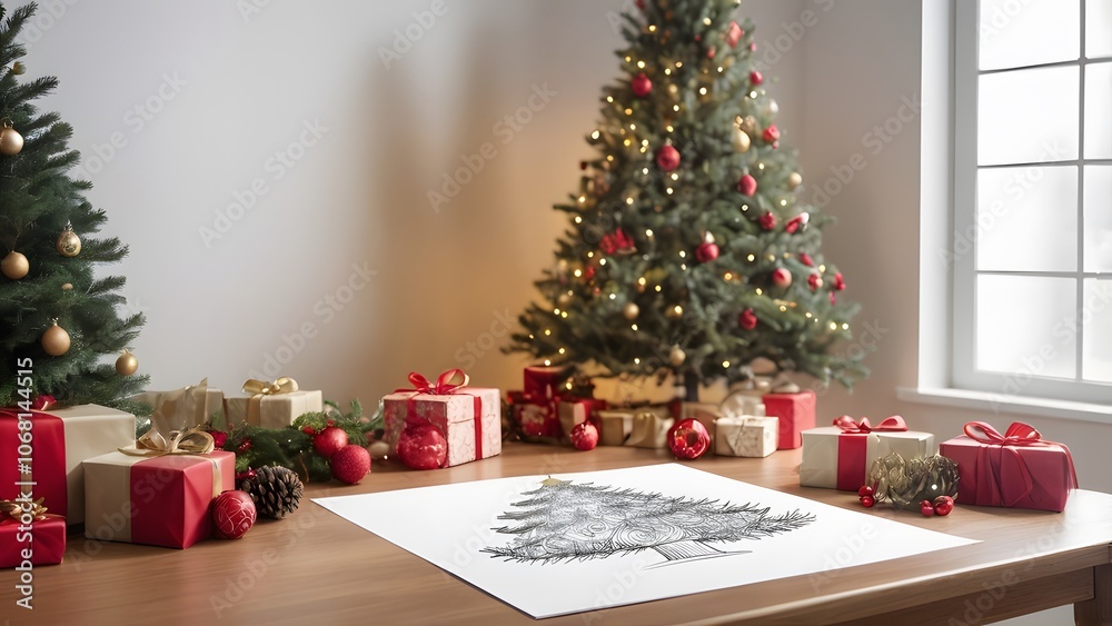 Cozy holiday scene with a decorated tree and gift-wrapped presents. Cozy holiday scene with a decorated tree and gift-wrapped presents.