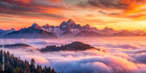 Serene mountain peaks bathed in the warm glow of a sunset, with an ethereal veil of clouds stretching towards the horizon.