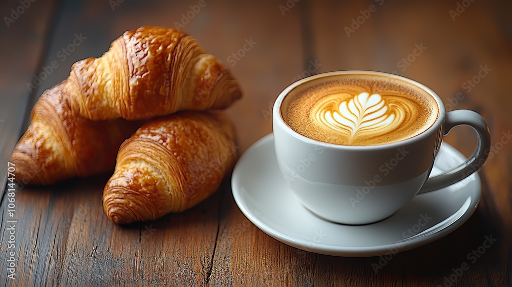 A cup of espresso coffee paired with croissants sits on a dark wooden background, creating a cozy breakfast scene for a cafe menu or banner. A cup of espresso coffee paired with croissants sits on a dark wooden background, creating a cozy breakfast scene for a cafe menu or banner.
