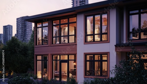 High-resolution photo of a modern Toronto house with sapphire window frames at night.