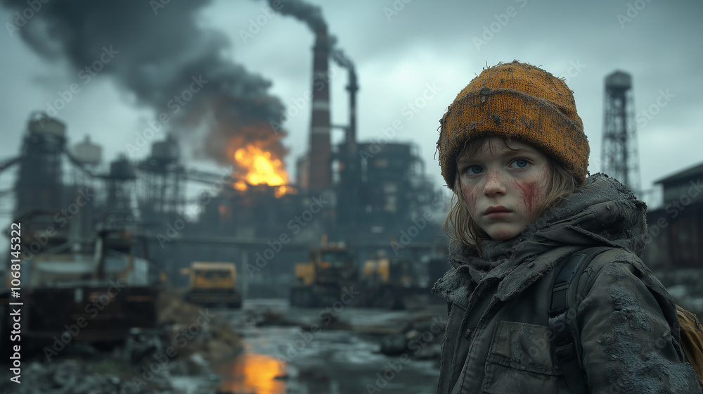 Abstract portrait of a young, unkempt boy amidst factories and industrial pollution weighed down by climate anxiety and dread in a dystopic post-apocalyptic peak-oil future caused by a capitalistic, f Abstract portrait of a young, unkempt boy amidst factories and industrial pollution weighed down by climate anxiety and dread in a dystopic post-apocalyptic peak-oil future caused by a capitalistic, f