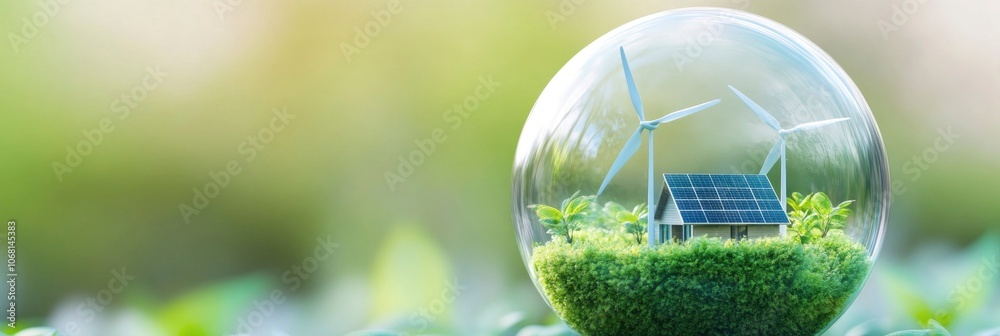 eco friendly sustainable development concept, A glass globe with wind turbines, solar panel model house, blur nature background eco friendly sustainable development concept, A glass globe with wind turbines, solar panel model house, blur nature background