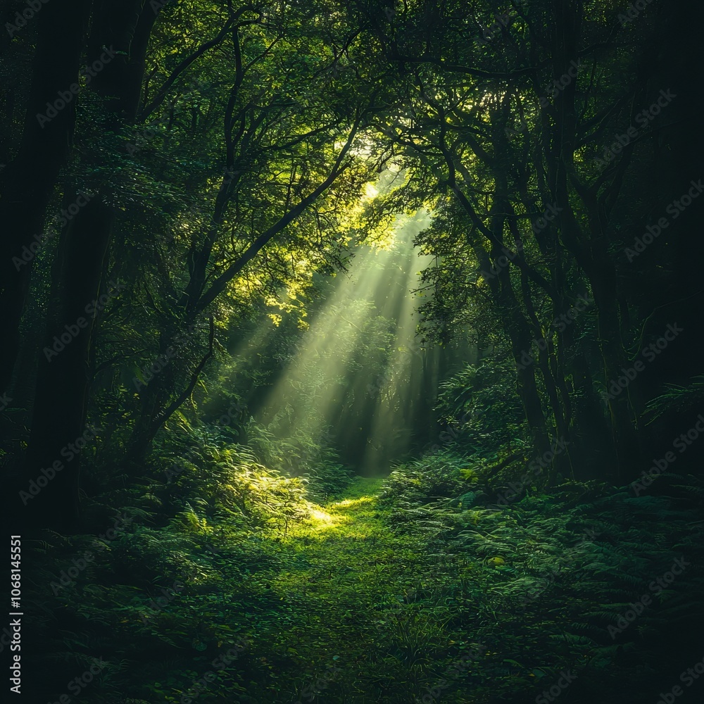 Obraz premium A serene forest scene with sunlight filtering through lush greenery.