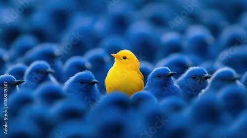 unique individuality concept, A yellow bird stands out in the middle of many blue birds