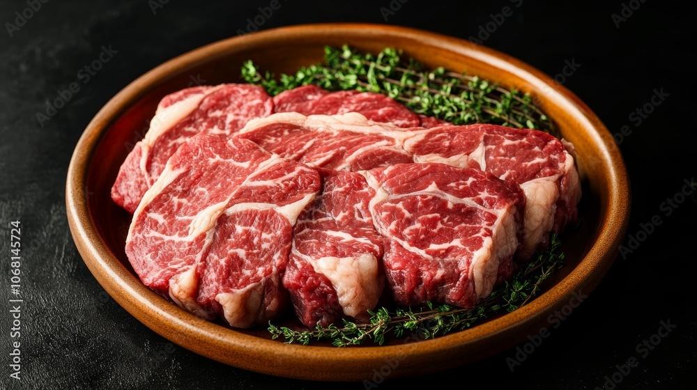 Roasted cut denver beef meat steak on a plate with thyme black background top view Roasted cut denver beef meat steak on a plate with thyme black background top view