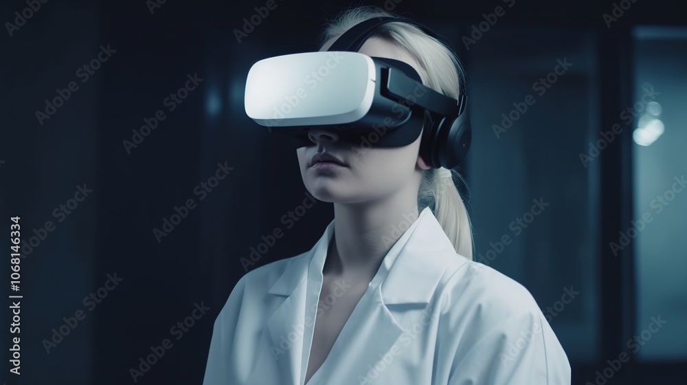 Woman Experiencing Virtual Reality in Modern Setting Woman Experiencing Virtual Reality in Modern Setting