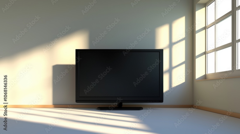Fototapeta premium A minimalist room featuring a blank television screen, illuminated by sunlight through a window, creating a serene atmosphere.