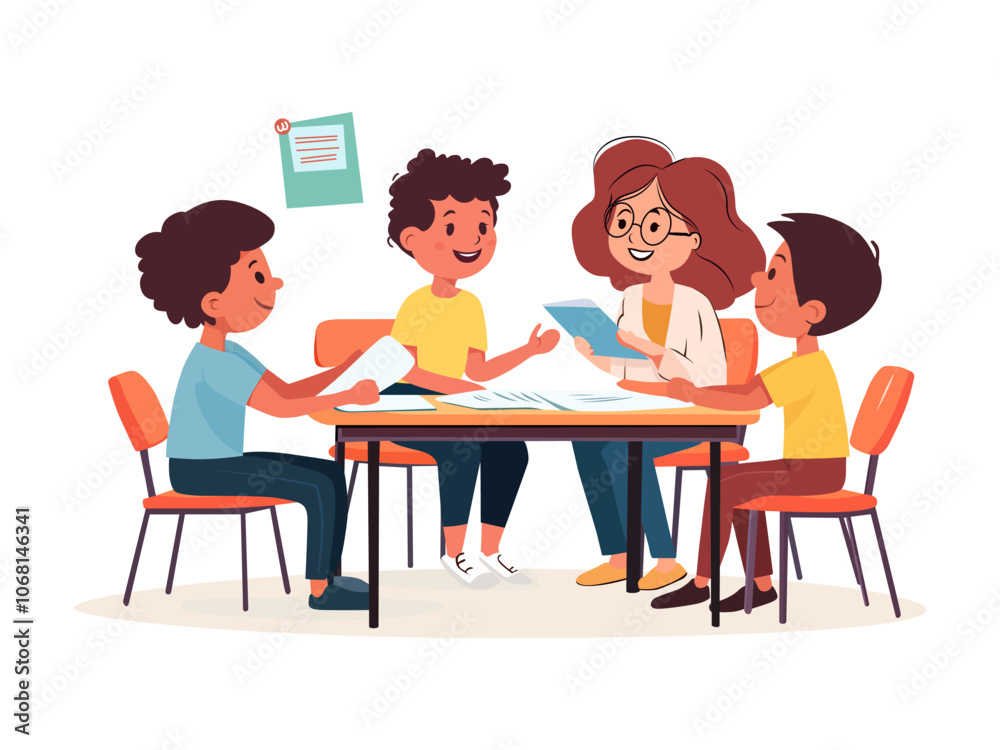 classroom with teacher happy school children and a teacher colorful vector illustration classroom with teacher happy school children and a teacher colorful vector illustration