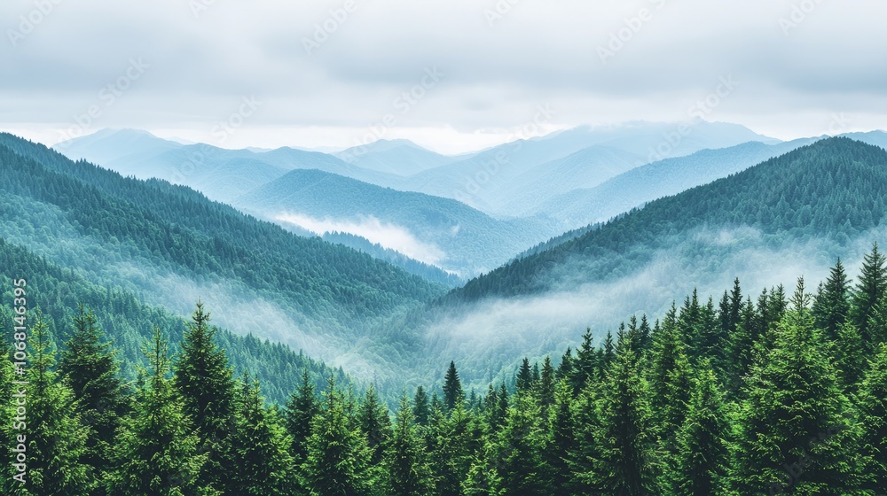Serene mountain landscape with mist and lush greenery. Serene mountain landscape with mist and lush greenery.