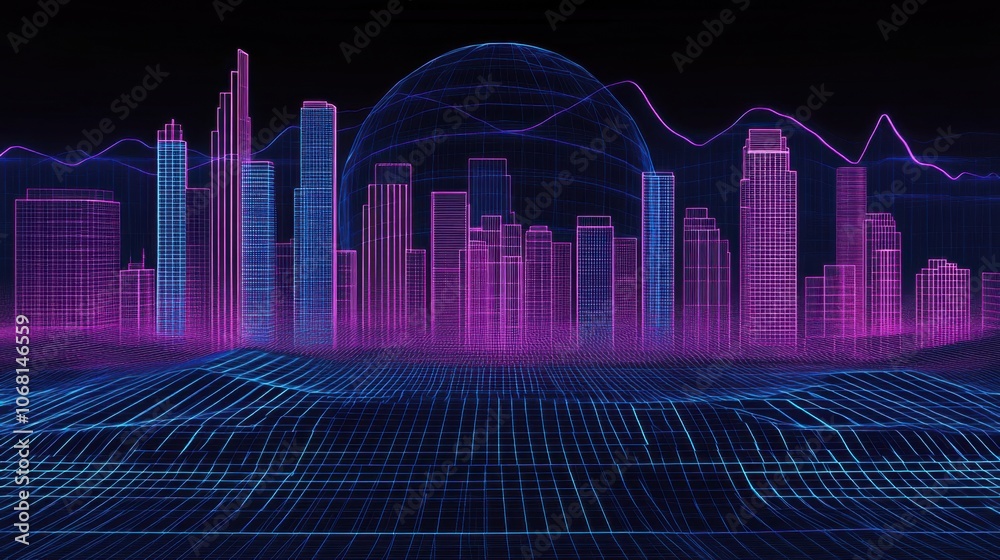 Neon Virtual Cityscape in Pink and Blue Hues
