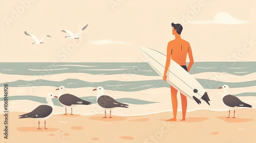A surfer prepares to catch waves while seagulls gather on the beach during a sunny day by the ocean