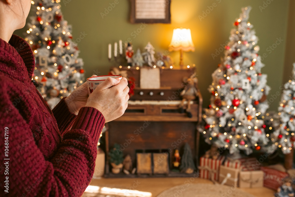 Christmas hygge. Hands holding cup of hot chocolate in Christmas decorated living room. Christmas hygge. Hands holding cup of hot chocolate in Christmas decorated living room.