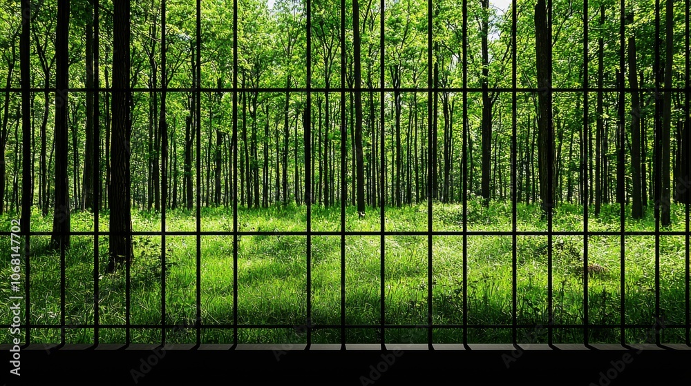 Fototapeta premium A view of a lush green forest seen through barred windows, suggesting confinement versus nature's freedom.