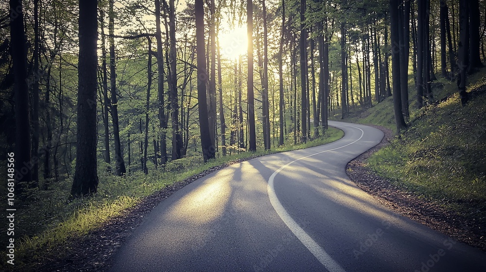 Naklejka premium A winding road through a tranquil forest at sunset with golden rays filtering through the trees