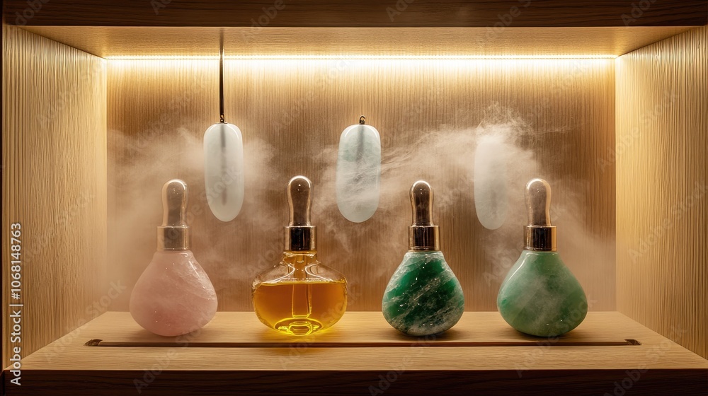 Elegant Display of Aromatherapy Products in Soft Lighting Elegant Display of Aromatherapy Products in Soft Lighting