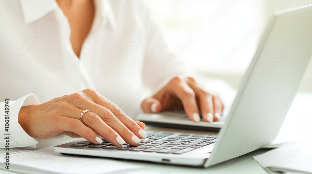Hands of middle aged woman in white shirt working on financial statistics with her laptop and calculator Hands of middle aged woman in white shirt working on financial statistics with her laptop and calculator