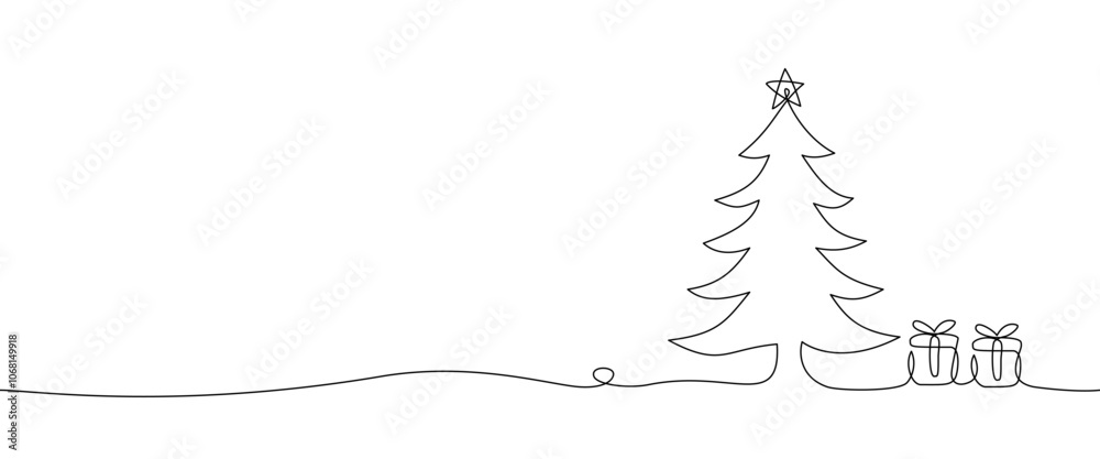 Continuous one line drawing of Christmas tree. Vector Illustration. Continuous one line drawing of Christmas tree. Vector Illustration.