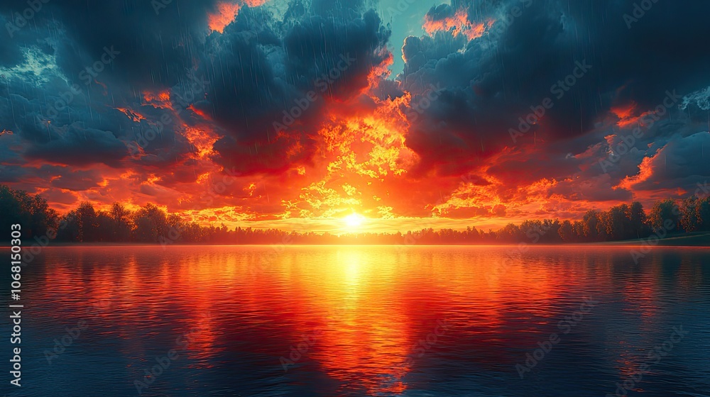 A dramatic sky with dark rainy clouds at sunset over a lake, perfect for banners, posters, or greeting cards showcasing fantasy landscapes, weather changes, or panoramic nature scenes with copy space. A dramatic sky with dark rainy clouds at sunset over a lake, perfect for banners, posters, or greeting cards showcasing fantasy landscapes, weather changes, or panoramic nature scenes with copy space.