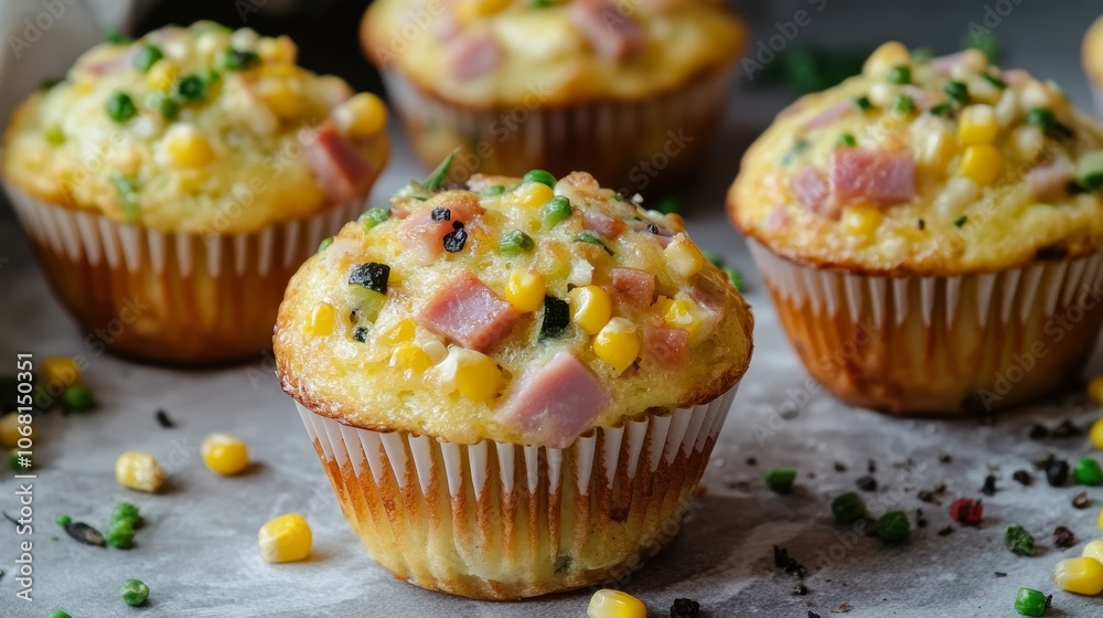 Delicious egg vegetable muffins with ham cheese corn and vegetables