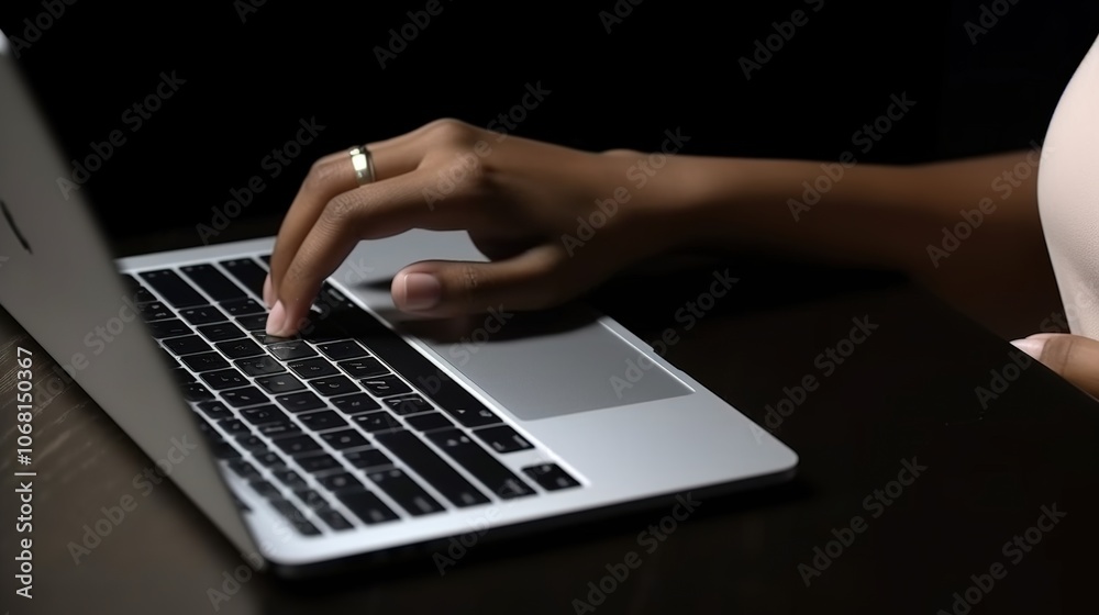 Hand on Laptop Keyboard in Low-Light Setting Hand on Laptop Keyboard in Low-Light Setting