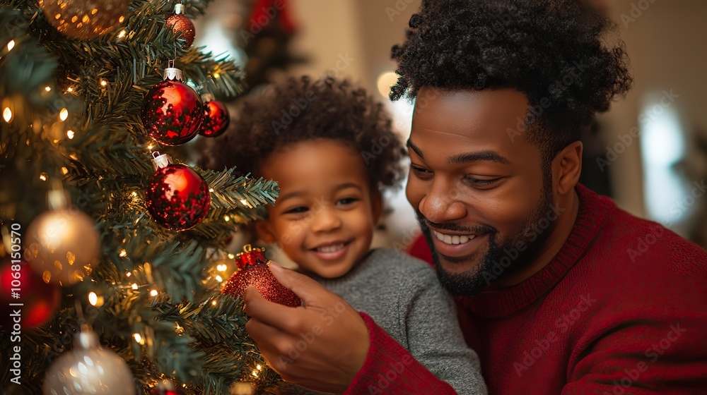 A family decorating a Christmas tree with lights and ornaments symbolizes the joy of holiday celebrations, making it perfect for festive greeting cards.