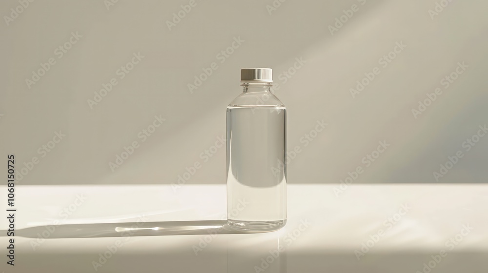 Clean Water Bottle with Leak-Proof Cap on White Surface, Half-Filled with Fresh Water, Highlighting Hydration and Drinking Safety