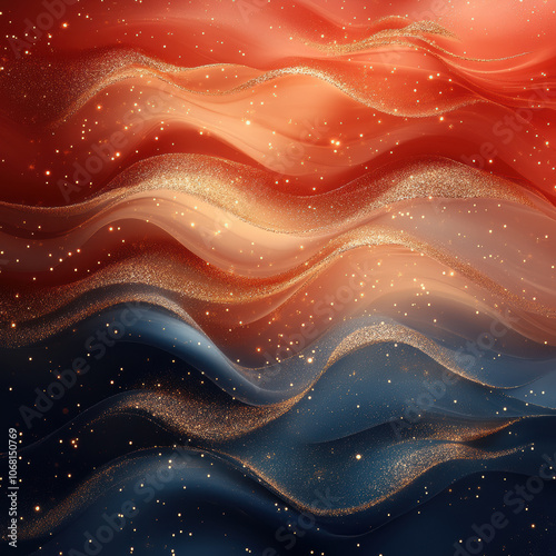 Luxurious and elegant abstract background featuring flowing waves in red, blue, and gold tones, creating mesmerizing and dreamy atmosphere with sparkling elements