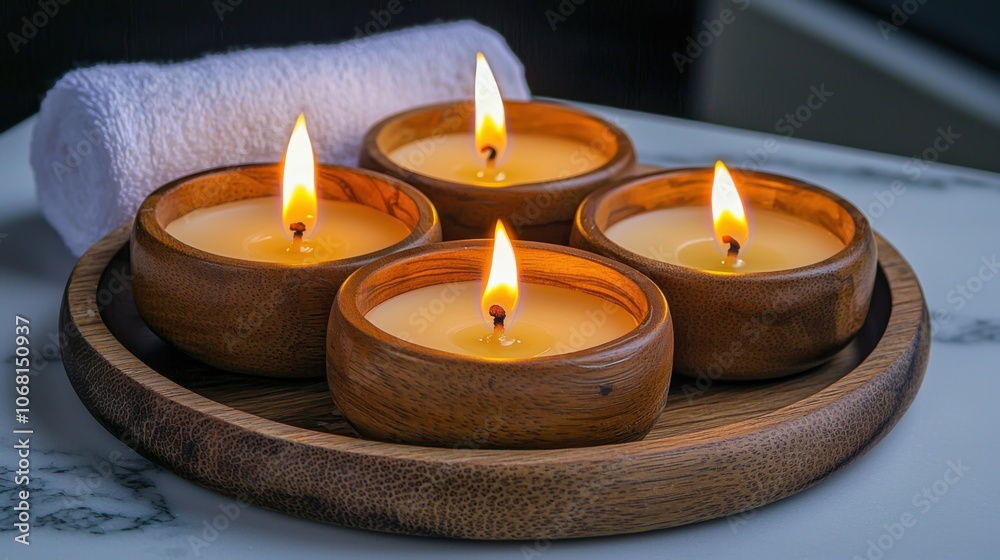 A serene arrangement of four lit candles in wooden holders on a round tray, accompanied by a rolled towel, creating a calming ambiance.